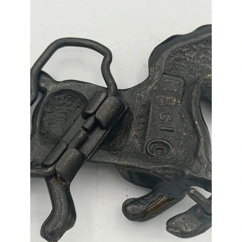 Vintage 1970s MBCI Brass Running Mustang Horse Belt Buckle Enamel Accent USA